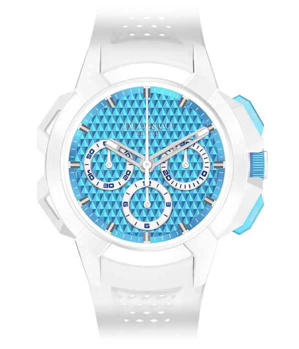 Fake Jacob & Co epic x chrono 44mm tri compax WHITE CERAMIC, ELECTRIC BLUE DIAL EC440.95.AB.AA.A watch